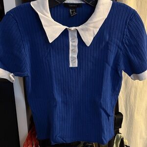 Forever 21 Blue Ribbed Top with White Collar